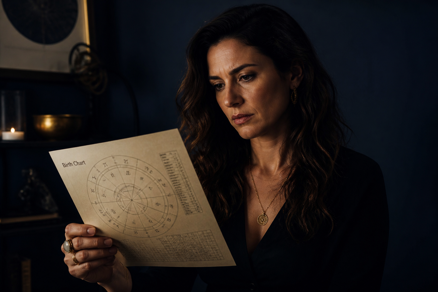 Mulher segurando um mapa astral com expressão introspectiva